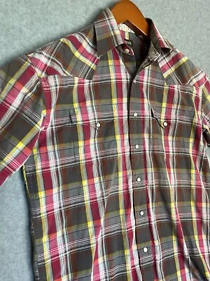 Stetson Shirt Men's Sz Meduim M Short Sleeve Red Brown Plaid Western Pearl Snap • $24.99