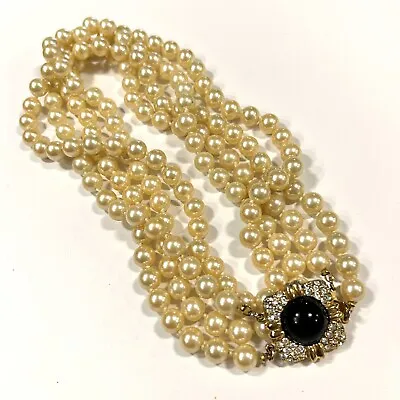 $42.50 • Buy VTG Signed JOAN RIVERS Faux Pearl Black & Clear Rhinestones Two Strand Necklace