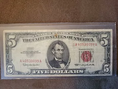 $5 FIVE DOLLAR BILL  - Red Seal 1963  Circulated  • $10