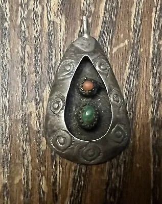 Vintage Sterling ? Silver Native Coral & Green Turquoise? Stone Pendant • $19.99