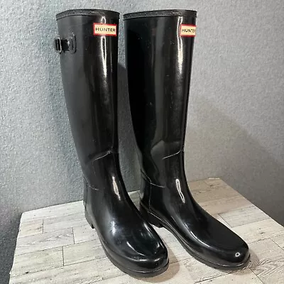 Hunter Boots Women's 9 Original Tall Boot Black Rubber Rain Outdoors Logo Gloss • $35