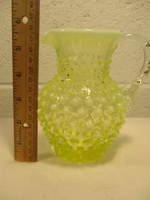 Vintage Yellow Opalescent Uranium Glass Hobnail Pitcher  5.75 Inches Tall/glows  • $55.99