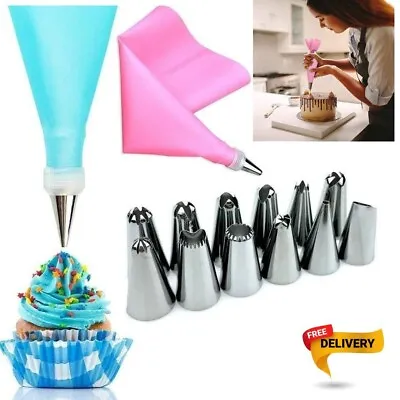Silicone Bags Icing Piping Cream Pastry Cake Decorating Steel Nozzles 14 Pcs Set • £3.99