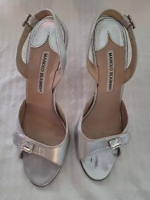 Manolo Blahnik Crystal MetallicSilverLeatherHiHeel NYE Party Sandals Sz 38.5/US8 • $159.99