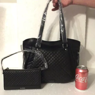 Vera Bradley Black Leather Gallatin Carryall Glenna Bag AND Accordiion Wristlet • $198.40