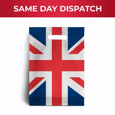 500 X Strong Union Jack Plastic Patch Handle Carrier Bags Fashion Retail Shop • £52.25