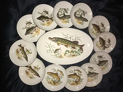 FAB! Antique 13PC Israel Naaman Fish Serving Porcelain Plates Set • $189.99