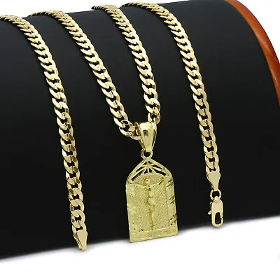 Mens 14k Gold Plated Garden Jesus  Pendant 5mm 24  Cuban Necklace Chain(K-1) • $18.99