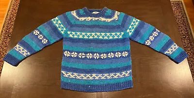 Vtg Hand Knit Chunky Wavy Blue Wool Sweater Himalayan Traders L Made In NEPAL • $59