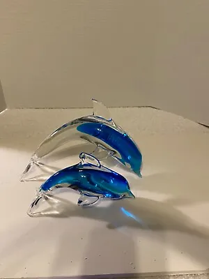 Art Glass Dolphins /Porpoises (2) Murano Style Blue Glass Encased In Clear • $22