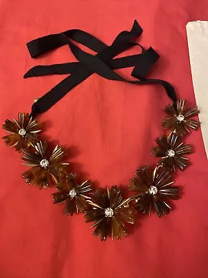 J. Crew Statement Necklace Tortoise Lucite Flower Floral  Rhinestone Ribbon Tie • $37