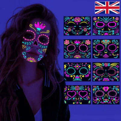 Halloween Funny Fluorescent Face Tattoo Stickers Day Of The Dead Temporary Neon • £2.75