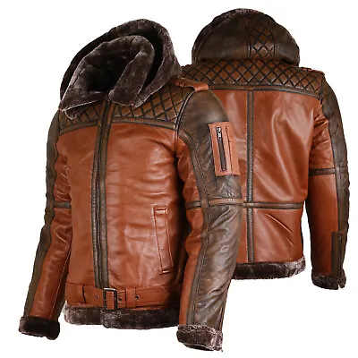 Mens Sheepskin Real Leather Bomber Jacket Detachable Hood Biker Waxed Fur Coat • £149.99