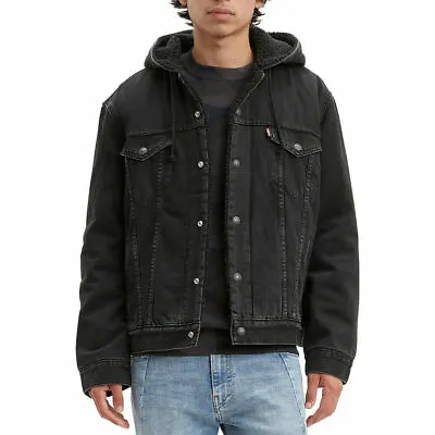 Levis Mens Denim Sherpa Lined Hooded Jean Jacket Fall Pocket Drawstring 85244000 • $86.99