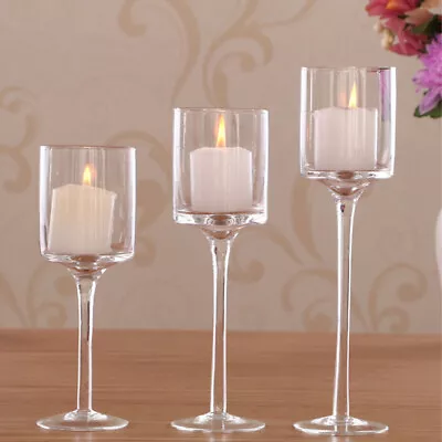 Set Of 3 Tall Glass Elegant Candle Holders Centrepiece Tea-Light Wedding Candles • £12.94