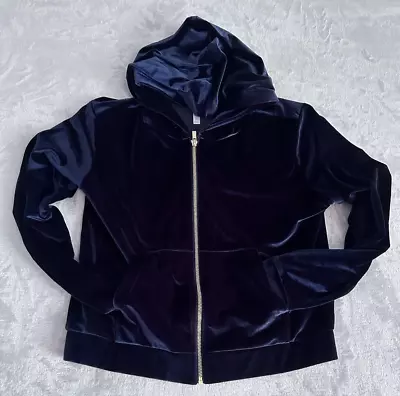 Fabletics Jacket Womens M Navy Blue Velvet Velour Hood Full Zip Gold Zipper • $16.99