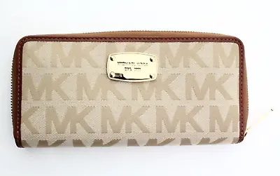 NWT - Michael Kors MK Logo Zip Around Continental Wallet - BEIGE/GOLD/BROWN • $59.96