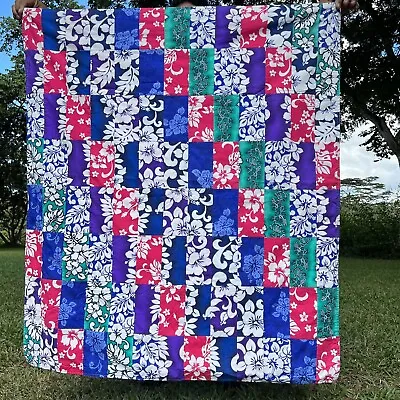 Hawaiian Quilt Lap Throw Blanket Patchwork Hibiscus Monstera Print 42 X 48 • $42.49