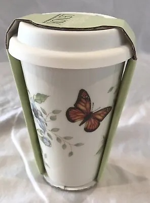 LENOX Butterfly Meadow Porcelain Thermal Travel Mug Coffee Cup With Lid 10 Oz • £10.44