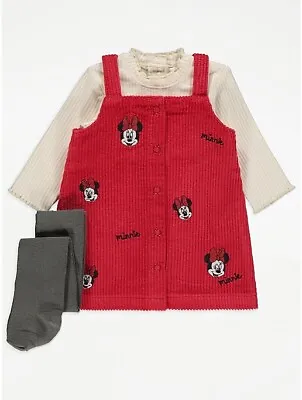 Disney Minnie Mouse Baby Girl Pinafore Dress Bodysuit &Tights Set Outfit George • $27.78