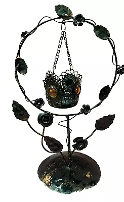 Beautiful Vintage Brown Metal Candle Holder A Pendant Cup Decorated Honey Beads • £12.34