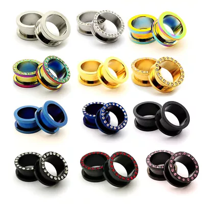 Pair Steel Screw On Tunnels CZ Plugs Gauges Choose Size Color • $11.49