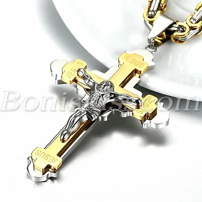 Men's Charm Stainless Steel Christ Jesus Crucifix Cross Pendant Necklace Chain • £14.47