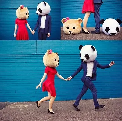 Panda & Teddy Bear Heads Mascot Costume Cartoon For Lover Wedding Party Dress US • $167.93