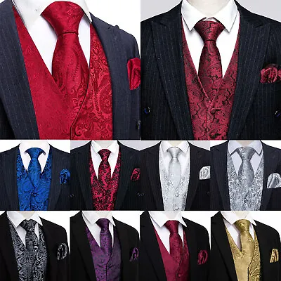 Mens Waistcoat Burgundy Red Paisley Vest Suit Hanky Tie Set Wedding Party 5XL • £22.79