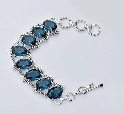 925 Sterling Silver London Blue Topaz Gemstone Handmade Jewelry Bracelet S-7.8'' • $12.98