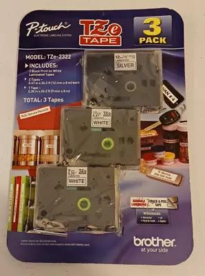 P-Touch TZe Tape Black Print White/Silver Label TZe-2322 3 Cartridges Pack • $9.99