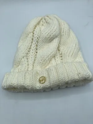 Michael Kors Ivory Gold Logo Knit Beanie Hat Cap EUC CLEAN • $9.99