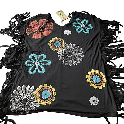 T PARTY BLOUSE WOMENS SMALL WESTERN FRINGE Black NWT FLORAL Painted NWT • $19.75