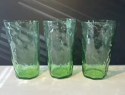 Morgantown Glass  CRINKLE GREEN  Iced Tea Tumblers  ~ 5 1/2  Tall Set Of 3 • $32