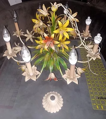 HUGE  25” Vintage Italian Tole 8 Arms Chandelier Metal Flowers & Ceiling Cap  • $500