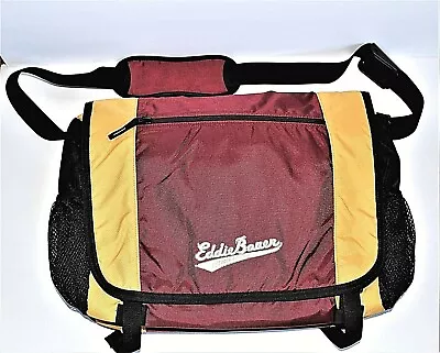 Eddie Bauer Messenger Laptop Bag Soft Nylon Cross Body Maroon Red Gold Yellow • $19.99