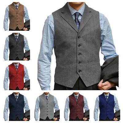 Mens Vintage Tweed Vest Herringbone Classic Wedding Waistcoat Retro Large XL XXL • $29.69