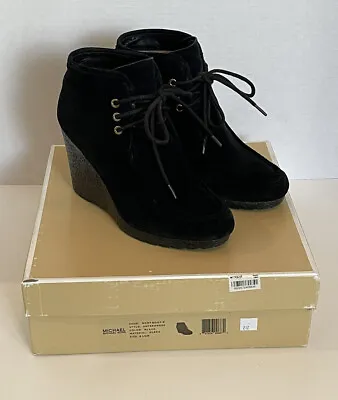MICHAEL Michael Kors Rory Lace Up Wedge Booties Ankle Boots Suede Black Size 8.5 • $34.99