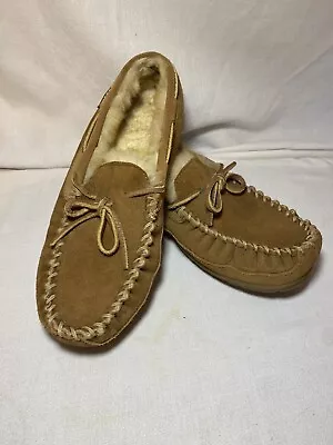 L.L. Bean Slipper Tan Brown Suede Fur Lined Moccasins Mens Size 8M Rubber Sole • $28.95