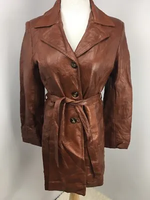 Vtg 1970s 1980s  Berman Long MIDI Leather Lined Trench Spy Coat Women Belt S/M • $94.99