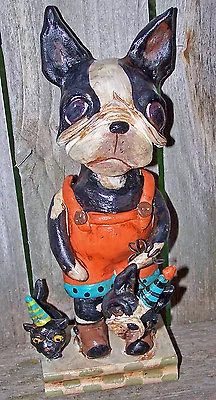 Folk Art  Boston Terrier Dog Whimsical Trick Or Treat Halloween Vintage STyle • $99