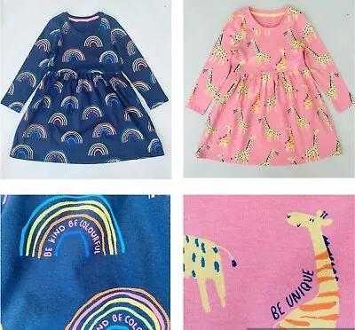 Girls Ex M*S Cotton Dress Navy Rainbow Giraffe Long Sleeved Soft Skater 2 - 7 Yr • £5.99
