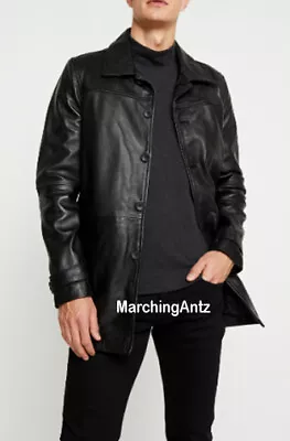 New Men Soft Lambskin Long Black Suit Trench Pea Coat Genuine Leather Jacket 953 • $199