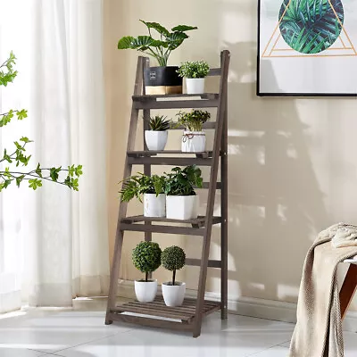 4 Tier Foldable Ladder ShelfPlant StandIndoor Flower Pot Rack Wooden Bookshelf • $40.97