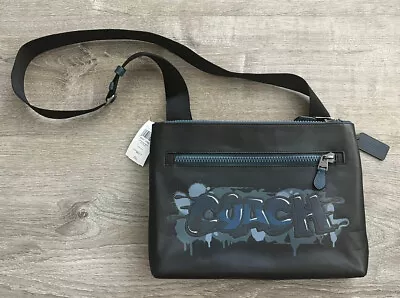 Coach Men's Black Carrier Zip Crossbody With Blue Graffiti Unisex Bag $378 • $169.95