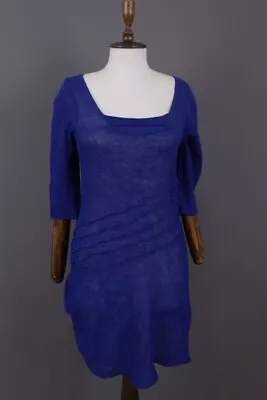 ZUZA BART Blue 100% Linen Knit Bodycon Mesh 3/4 Sleeve Sweater Dress Size S • £60.71