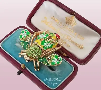 Vintage Inspired Enamelled Green Diamante Floral Ladybird Bee Brooch & Gift Bag • £18.95