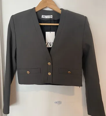 ZARA Grey Cropped Top Cardigan Blazer Jacket With Shoulder Pads XS $89.99 • $69.99