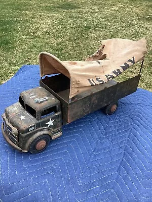 Vintage 1950s Marx Dodge 18” 6 Wheel US Army Carrier Transport Truck W/ Canvas • $74.99