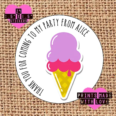 Party Bag Stickers Personalised X24 Ice Cream 80s  Thank You Sweet Cone Labels  • £2